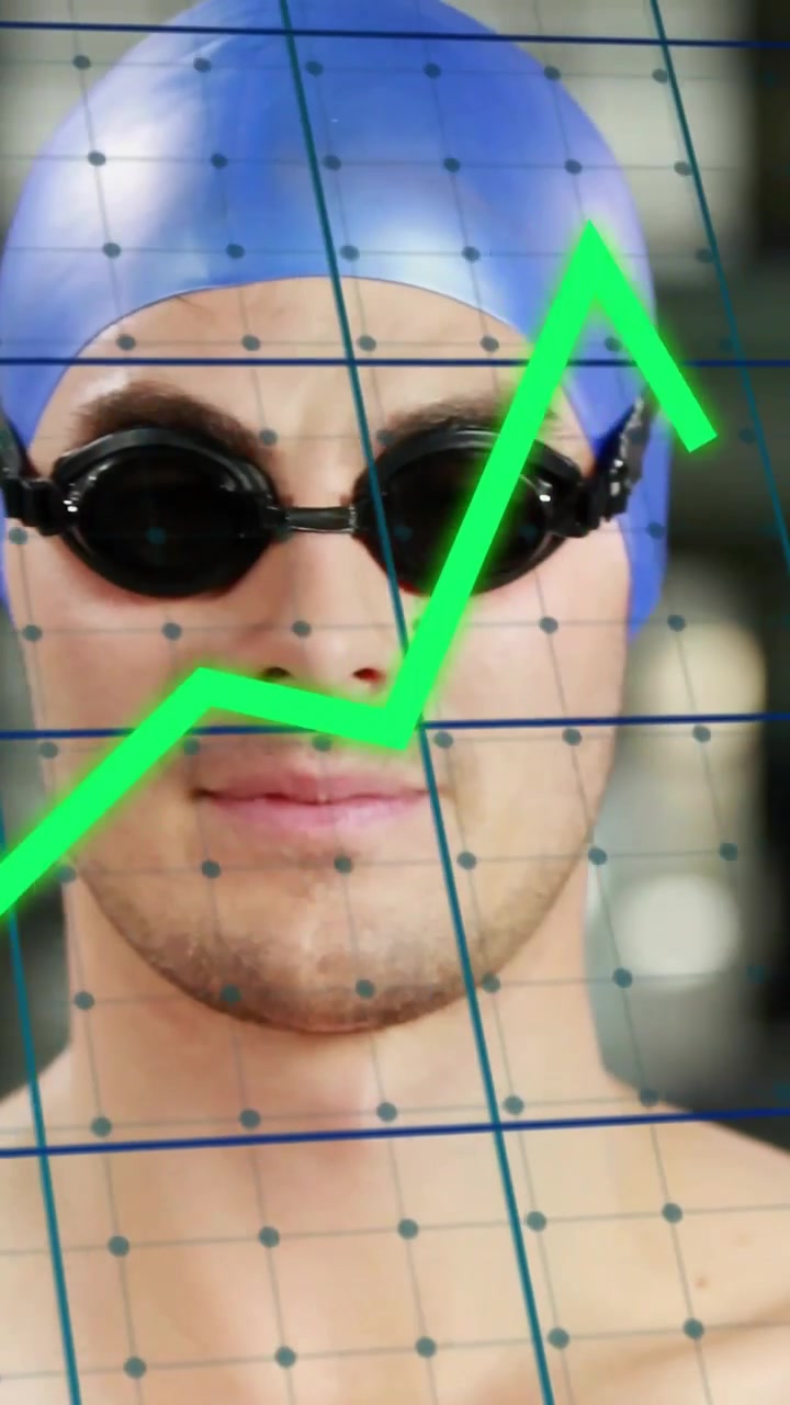 Video vertical: Paneo ascendente de nadador preparándose para nadar, poniéndose las gafas mientras un gráfico verde hace seguimiento.