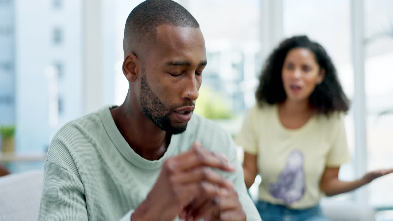 Couple, divorce and ignore with headache in home