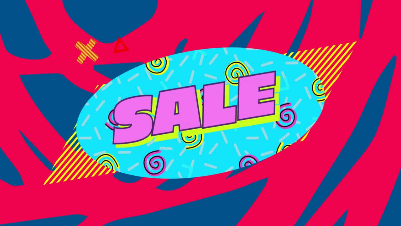 gráfico de venta en óvalo azul con fondo rojo y azul 4k