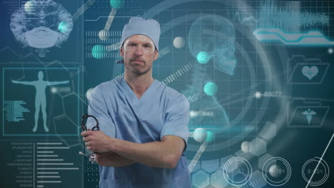el video futurista muestra a un cirujano con una interfaz de tecnología médica avanzada.