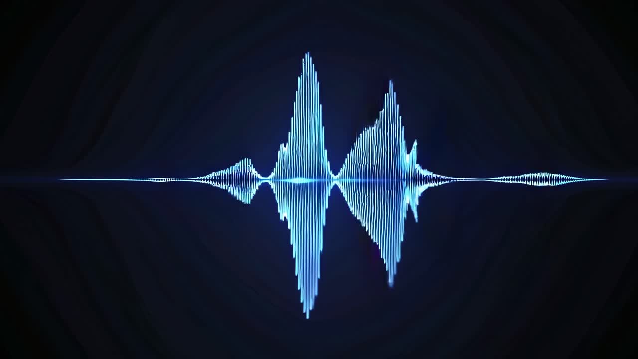 Abstract video concept of sound waves in blue, viewed from a straight-on angle, illustrating audio