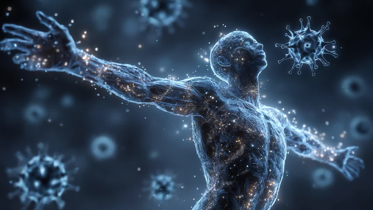 A digital representation of a human figure embracing the surrounding viruses, symbolizing strength, resilience, and the fight against illness in a visually captivating manner