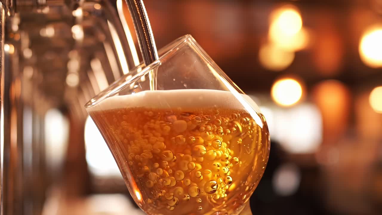 Nahaufnahme eines Videos, in dem Bier in ein schräg gehaltenes Glas gegossen wird, wobei die goldene Flüssigkeit und die schaumige Krone eingefangen werden