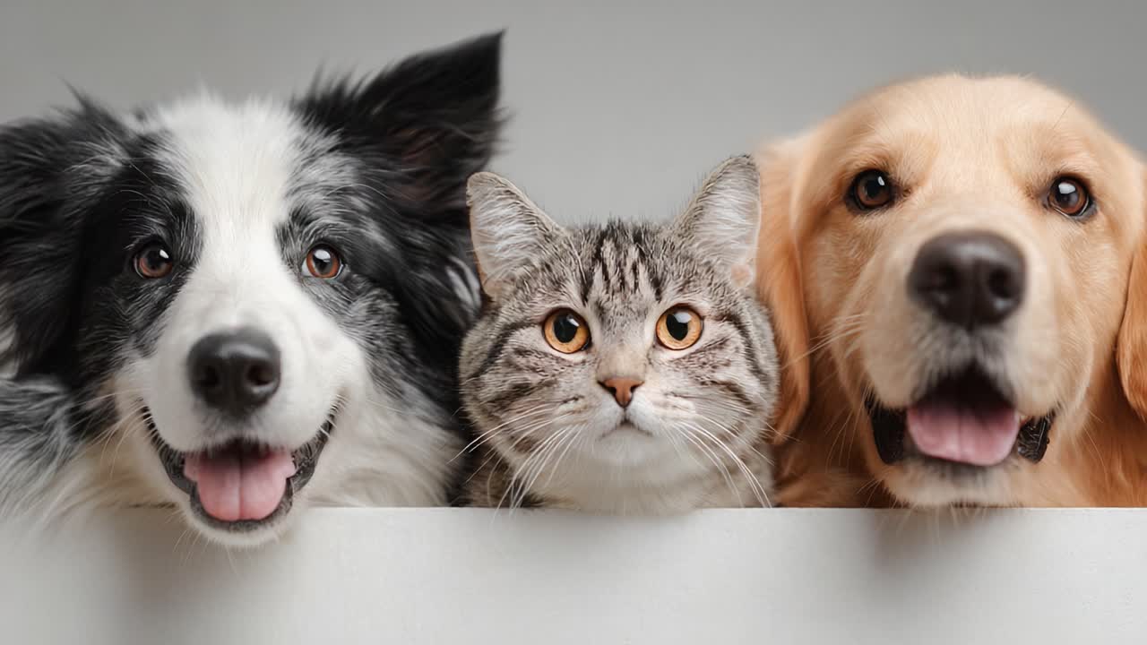 A Heartwarming Gathering of Pets: A Border Collie, a Domestic Cat, and a Golden Retriever Share a Playful Moment Together