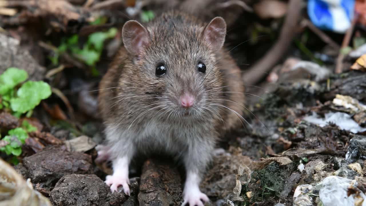 Una exploración en primer plano de una rata parda en su hábitat natural, capturando sus intrincados detalles y comportamiento adaptativo entre el suelo del bosque.