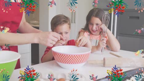 Animation-of-flower-icons-over-caucasian-mother-with-happy-children-baking