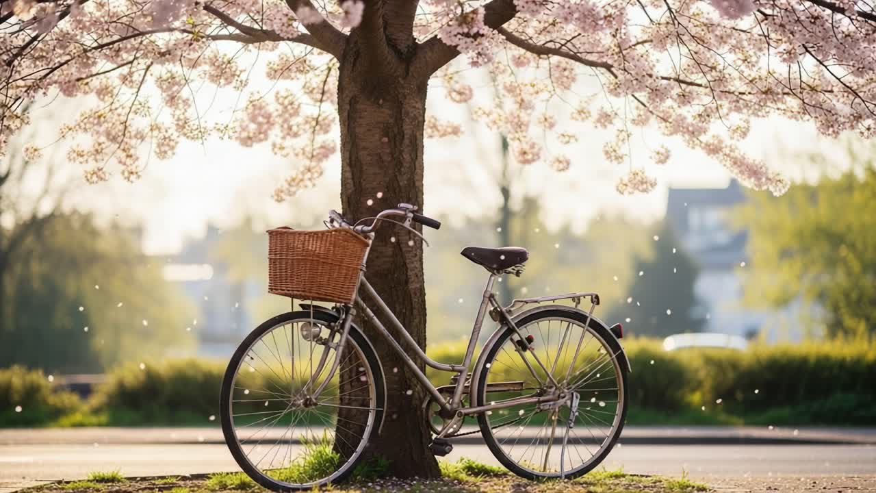 A Serenely Placed Bicycle Nestled Beneath a Blossom-Laden Tree in Radiant Morning Light, Evoking Tranquility and the Beauty of Nature&amp;#039;s Transition
