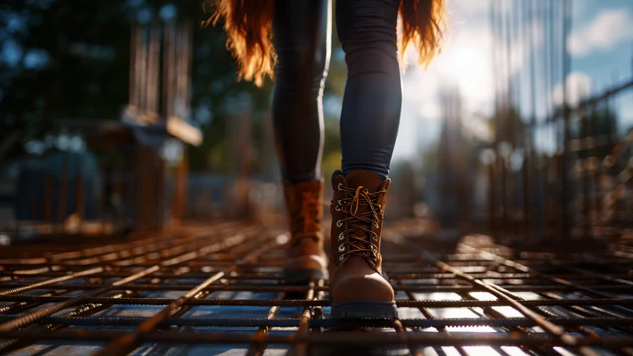 A Person Walking on a Construction Site's Reinforcement Bars, Highlighting the Strength and Resilience Through Their Sturdy Boots Against the Vibrant Backdrop of a Sunny Day