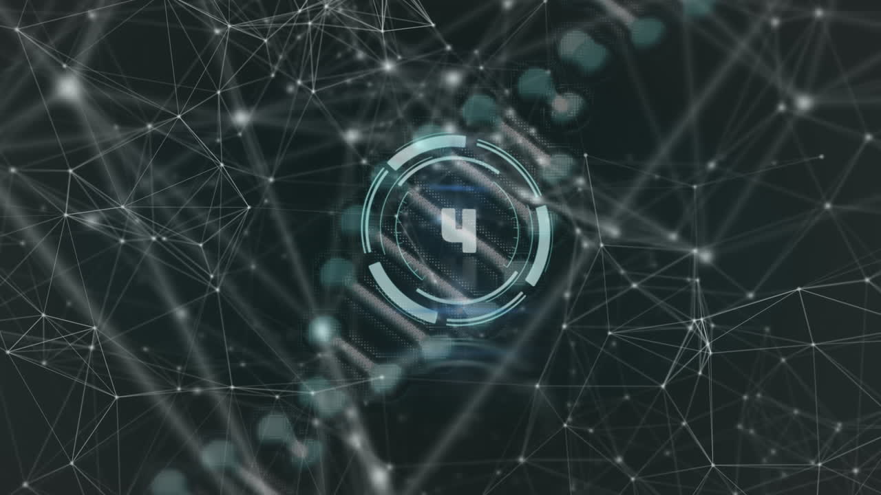 animación de cuenta atrás con alcance y adn girando sobre una red de conexiones