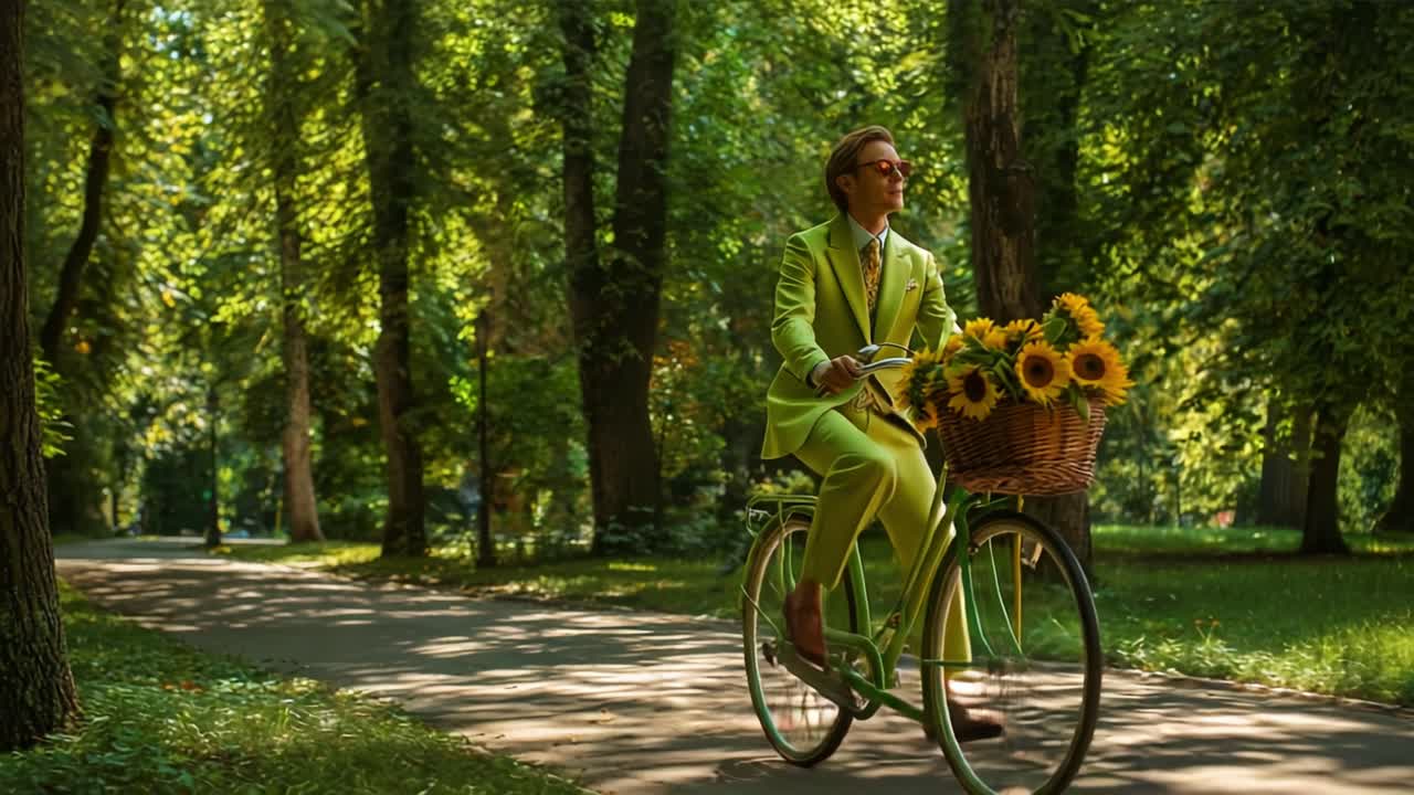 A Vibrant Journey Through Nature: A Stylish Individual in a Bright Green Suit Riding a Bicycle Surrounded by Sunflowers in a Lush Park Setting, Capturing the Essence of Summer Joy and Fashion