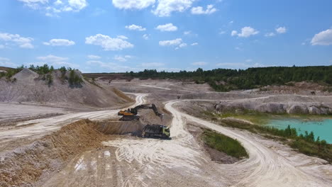 mining the clay mineral at kaolin quarry. excavator uploading industrial minerals into the truck for delivering it to the factory.