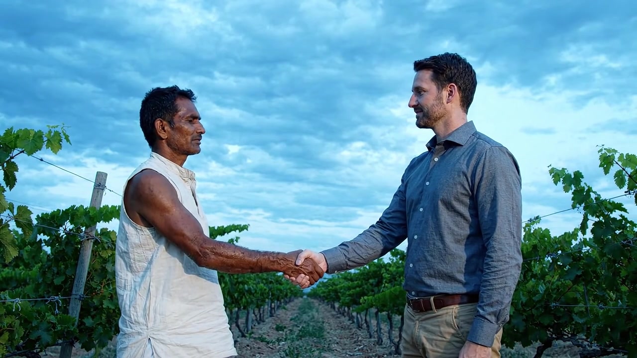 Scambio Culturale in un Vigneto: Un Agricoltore e un Uomo d'Affari si Connettono con una Stretta di Mano Sotto il Cielo Ampio e i Filari di Viti in un Paesaggio Rurale
