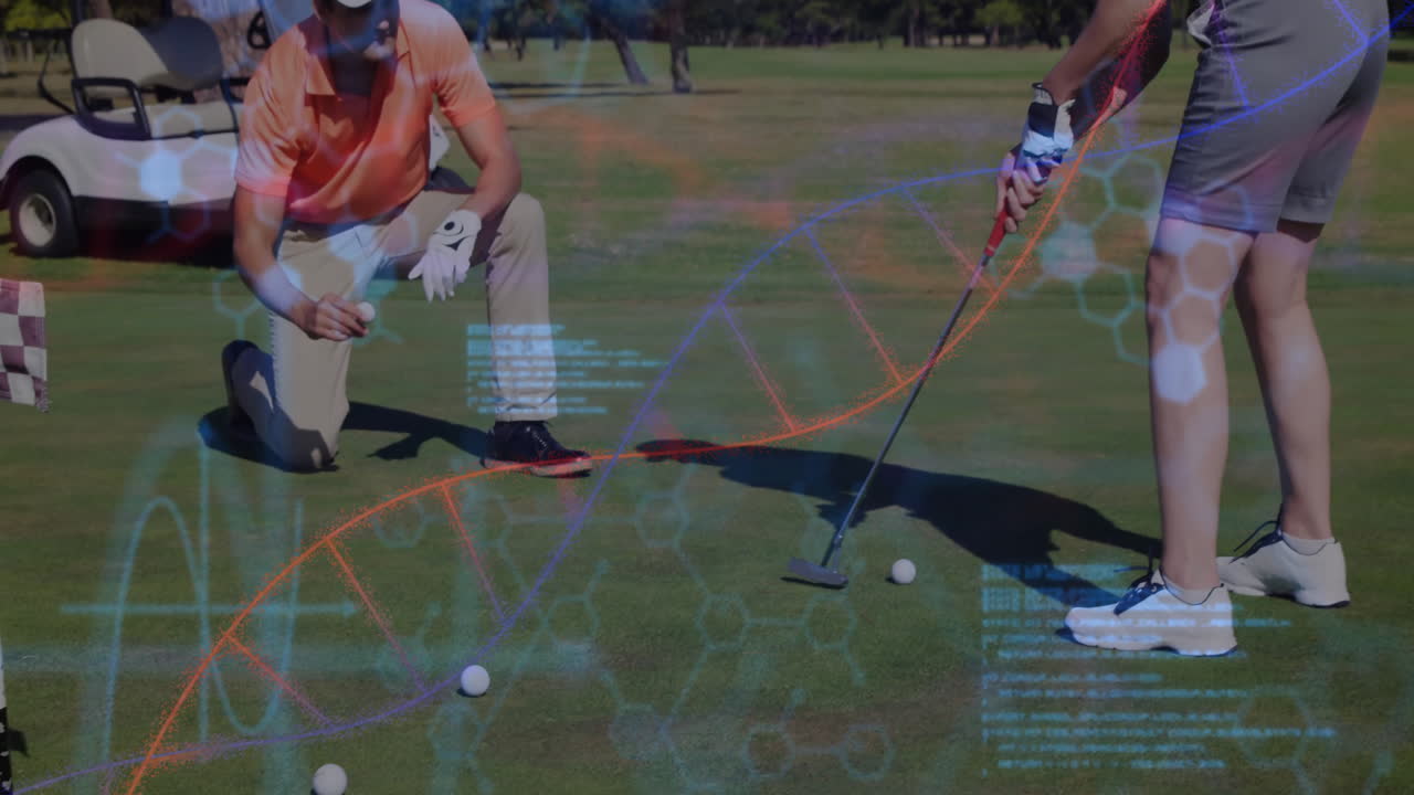 Mature man kneeling and woman putting on golf green, showing floating DNA helix technology graphics