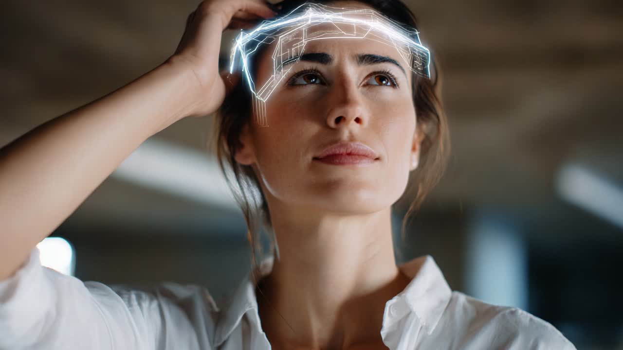 Un'esplorazione innovativa delle interfacce digitali: una donna interagisce con tecnologie avanzate mentre utilizza uno schermo futuristico proiettato sul suo viso e sulla sua testa