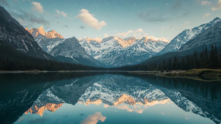 Illuminazione all'alba di aspre cime montuose che si riflettono sul lago alpino, con nuvole fluttuanti