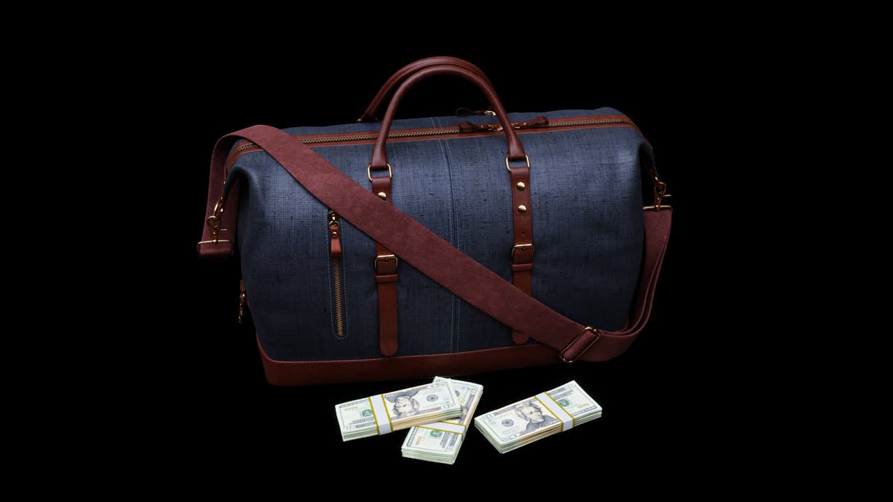 girando una bolsa con paquetes de dinero alrededor de la bolsa.