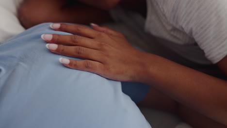 sleeping, touch and hands of couple in bed