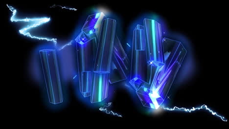 animation of glowing blue metallic rods floating over white electric currents on black background