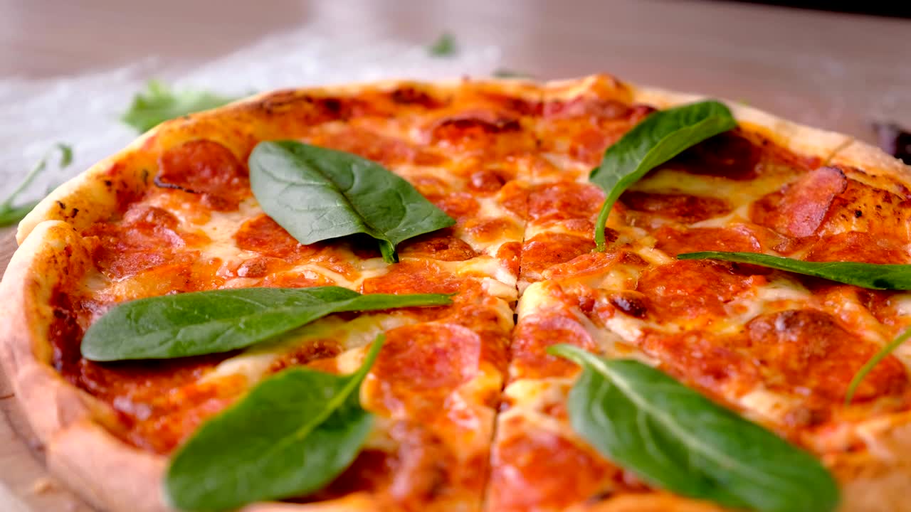 Il cuoco taglia la pizza e prende una fetta di pizza al salame con foglie di spinaci
