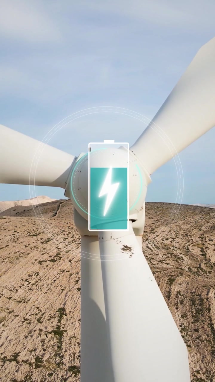 Animazione di ricarica della batteria sopra una turbina eolica in una vista aerea ravvicinata. Orientamento video verticale 9:16.