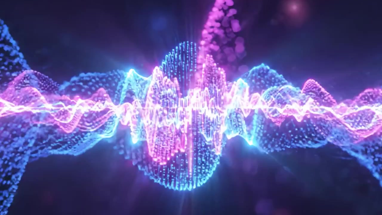 Dynamic Display of Vibrant Sound Waves in a Dark Environment Showcasing Gradual Transitions from Subtle to Intense Vibrancy in Colors and Shapes