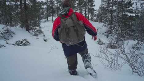 husky jugando en la nieve espesa con el dueño del senderismo - plano medio