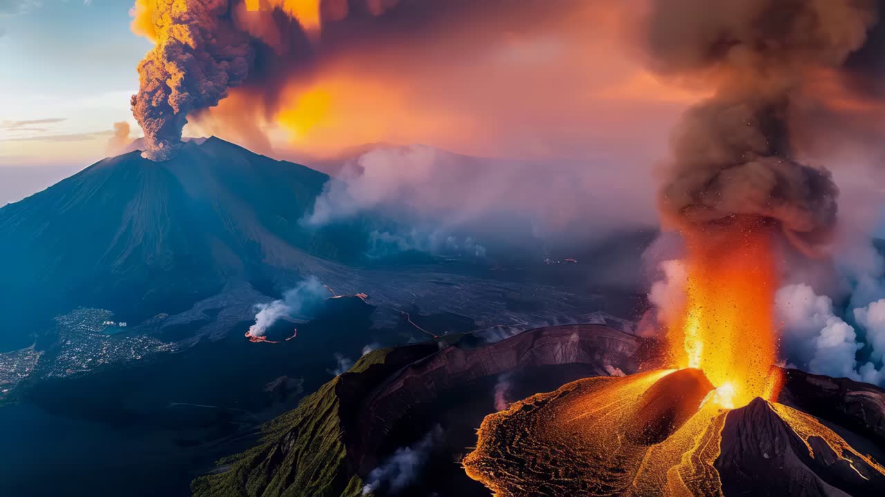 A volcano erupts with lava spewing out of it. The volcano is located near a town