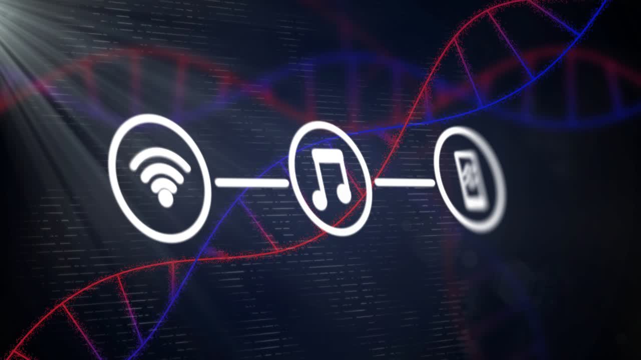 Visualizzazione di un trio di icone di dati circolari che si connettono su uno sfondo di codice in streaming, in stile flat design.