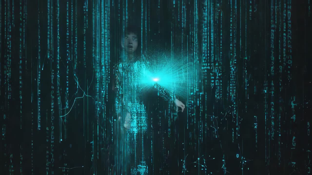 A person in the Matrix, surrounded by digital rain and code