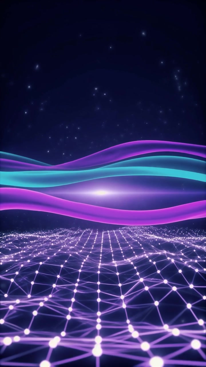 Abstract Digital Grid with Glowing Neon Waves in Dark Space