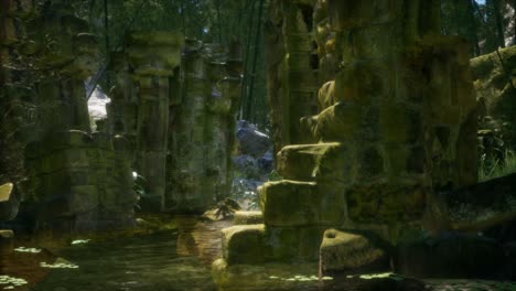 casa de piedra antigua en ruinas cubierta de plantas y helechos en un denso bosque verde