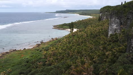 aerial view of pacific ocean and green hillside sloping to beach on maré island