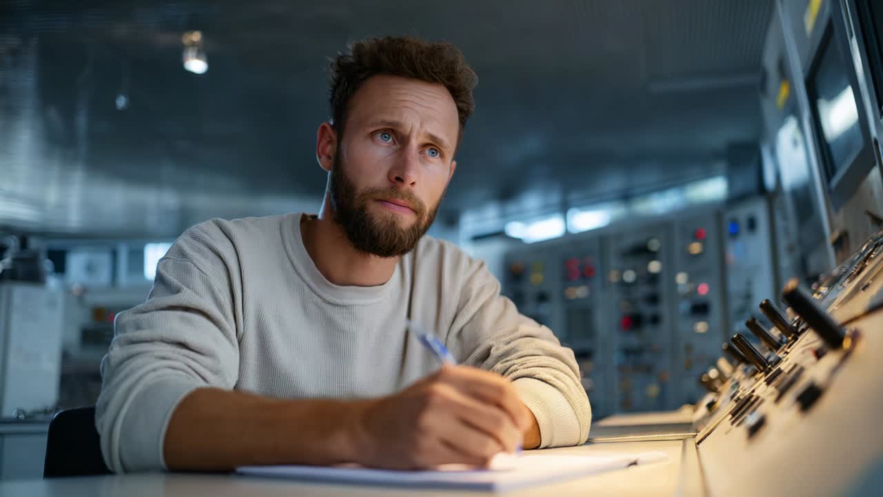 Focused Operator Engaged in Detailed Note-Taking at Control Panel in Technical Environment, Demonstrating Concentration and Professionalism Amidst Advanced Equipment and Machinery Operations