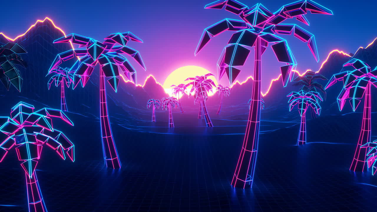 Paesaggio retro synthwave con palme al neon e tramonto a griglia