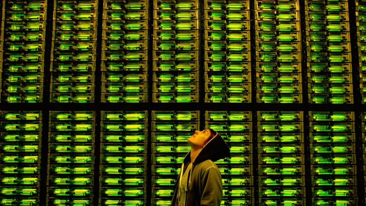 A contemplative figure gazes upward in an intriguing space filled with vibrant green light, surrounded by numerous illuminated panels creating a striking visual contrast