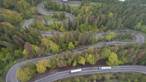 aerial view of trucks driving on winding roads in romania, surrounded by a green forest