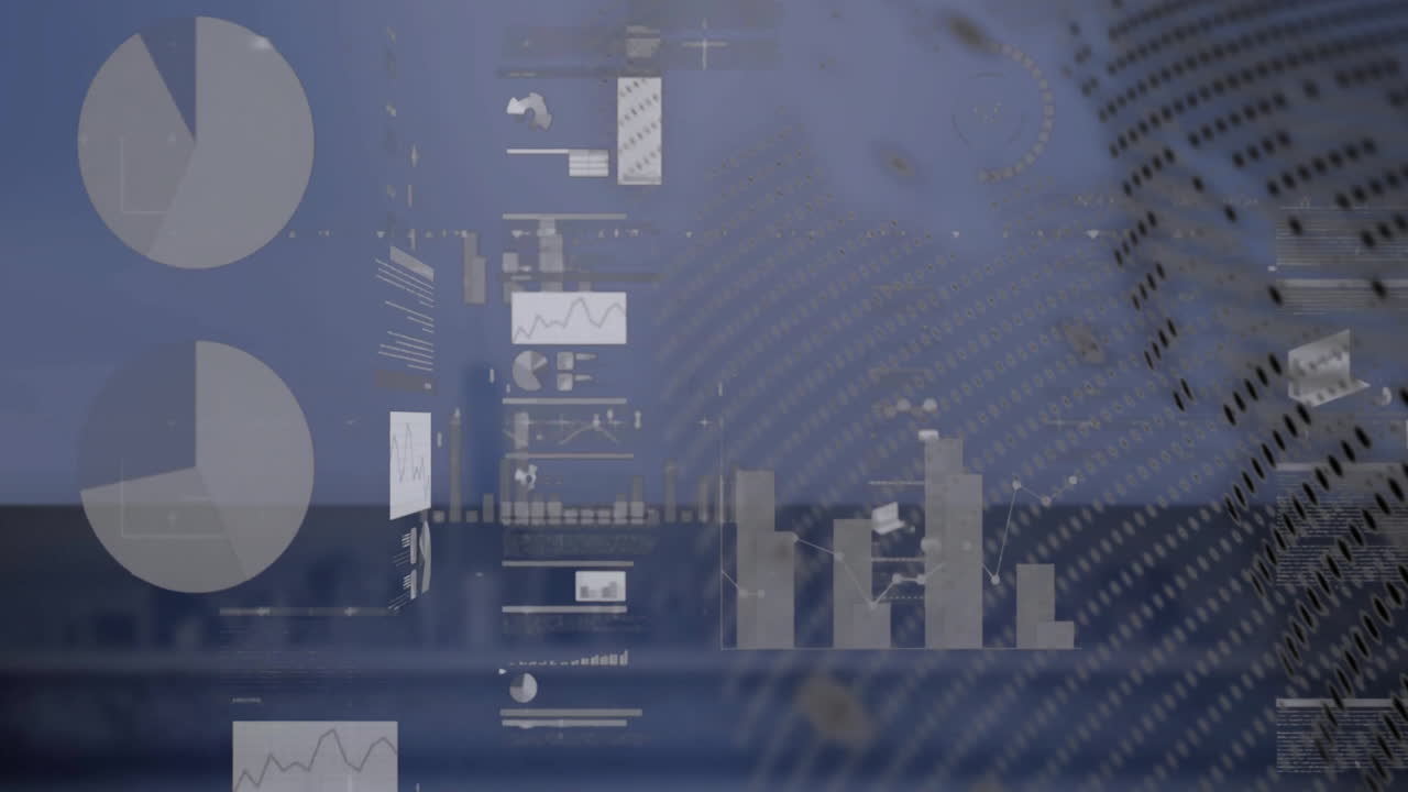 Animation of data processing and globe over cityscape