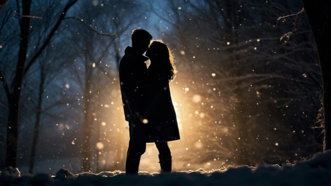 Silhouetted couple in a snowy forest, backlit by warm light