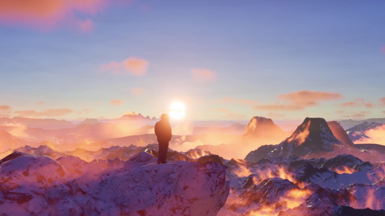 созерцательный восход солнца на вершине горы