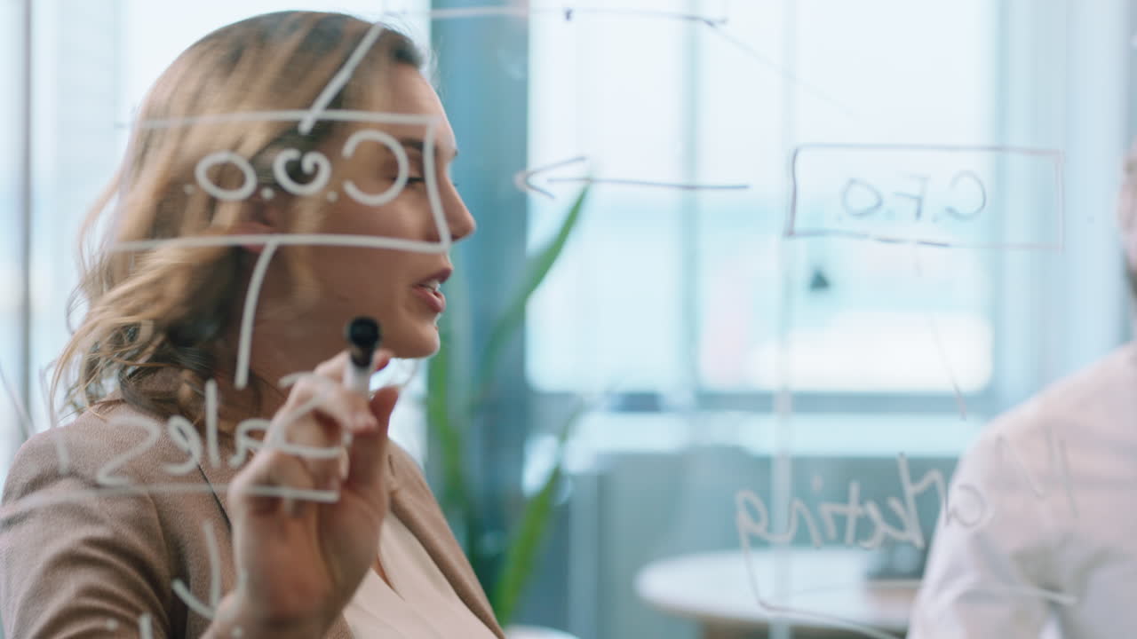 personas de negocios usando notas adhesivas lluvia de ideas líder de equipo mujer trabajando con colegas escribiendo en pizarra de vidrio mostrando estrategia de resolución de problemas en la reunión de la oficina