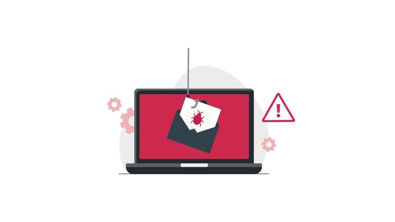 Animeret illustration af phishing-e-mail og malware-angreb på bærbar computer.