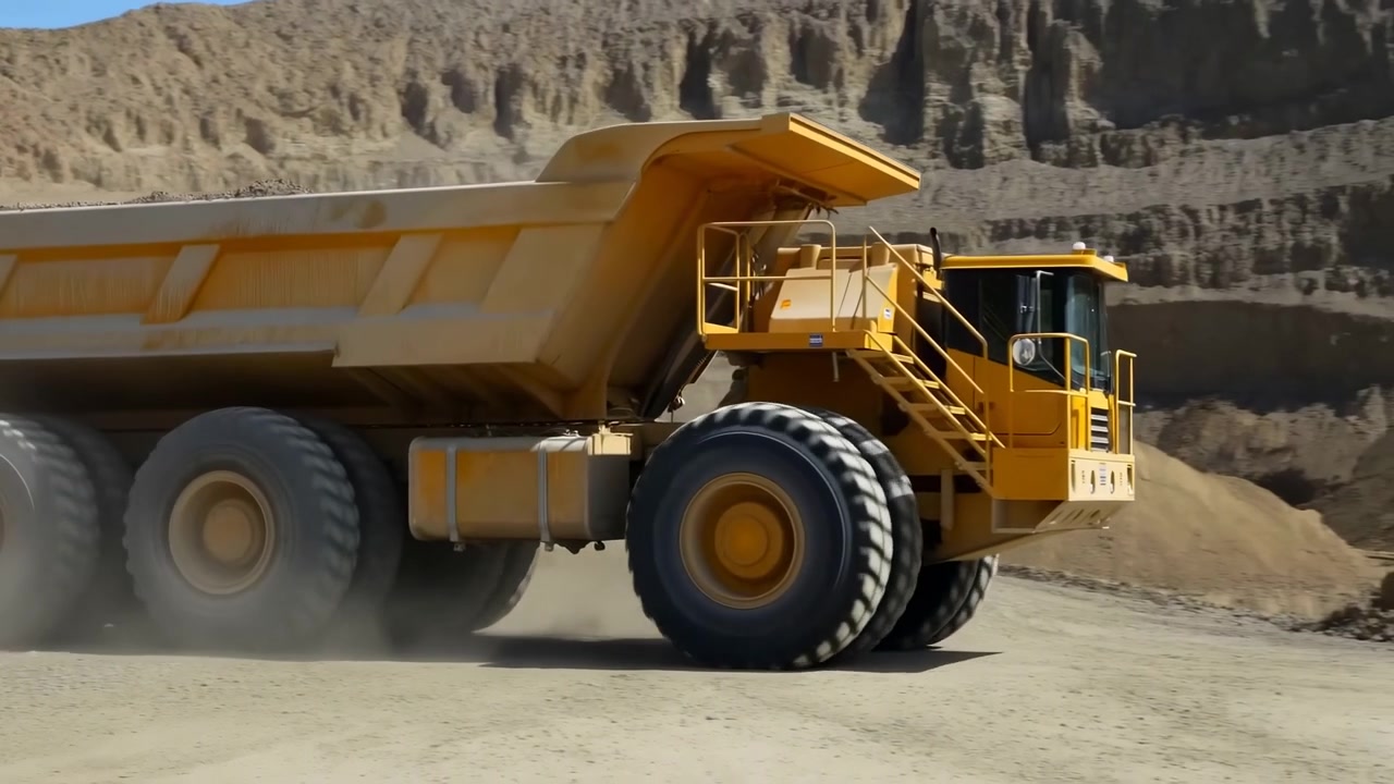 Large Yellow Dump Truck In Quarry Moving Along Dusty Terraced Road, Heavyhaul Vehicle Kicking Up Dust, Rugged