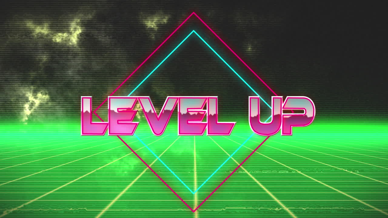 구름과 초록색 사각형 위의 레벨 업 텍스트의 애니메이션