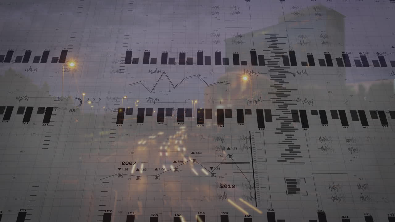 animación del procesamiento de datos financieros sobre el paisaje urbano