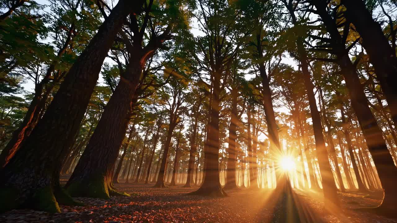 A mesmerizing video of a sunlit forest with a low-angle view, capturing sun rays filtering