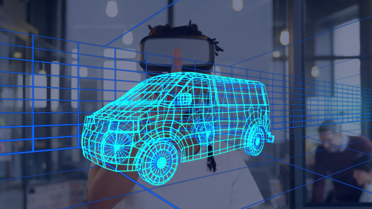 animación de dibujo 3d digital de un coche sobre un hombre usando auriculares vr