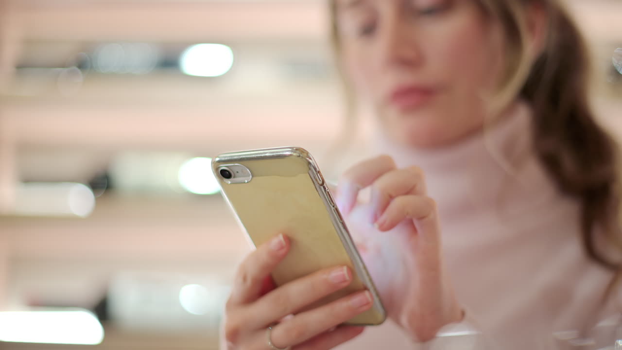 Brunette woman scrolling on her phone at a restaurant