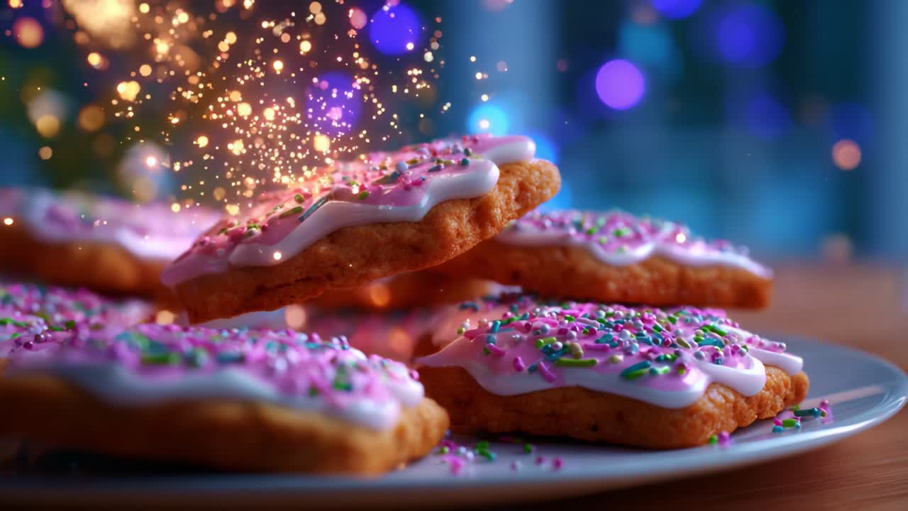 Deliciously Decorated Cookies with Sparkling Hearts and Vibrant Sprinkles Set Against a Beautifully Blurred Background of Warm Lights, Creating an Enchanting and Festive Atmosphere Perfect for Any Celebration