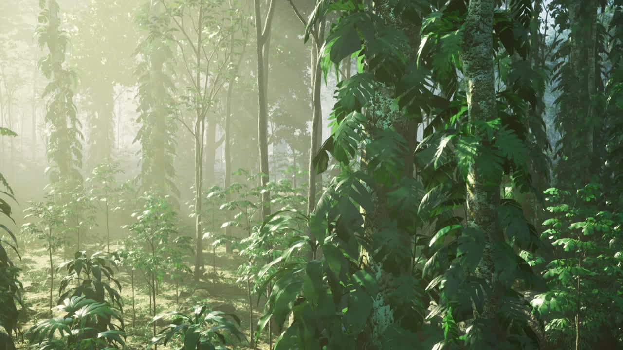 Lush green forest illuminated by soft sunlight in early morning hours