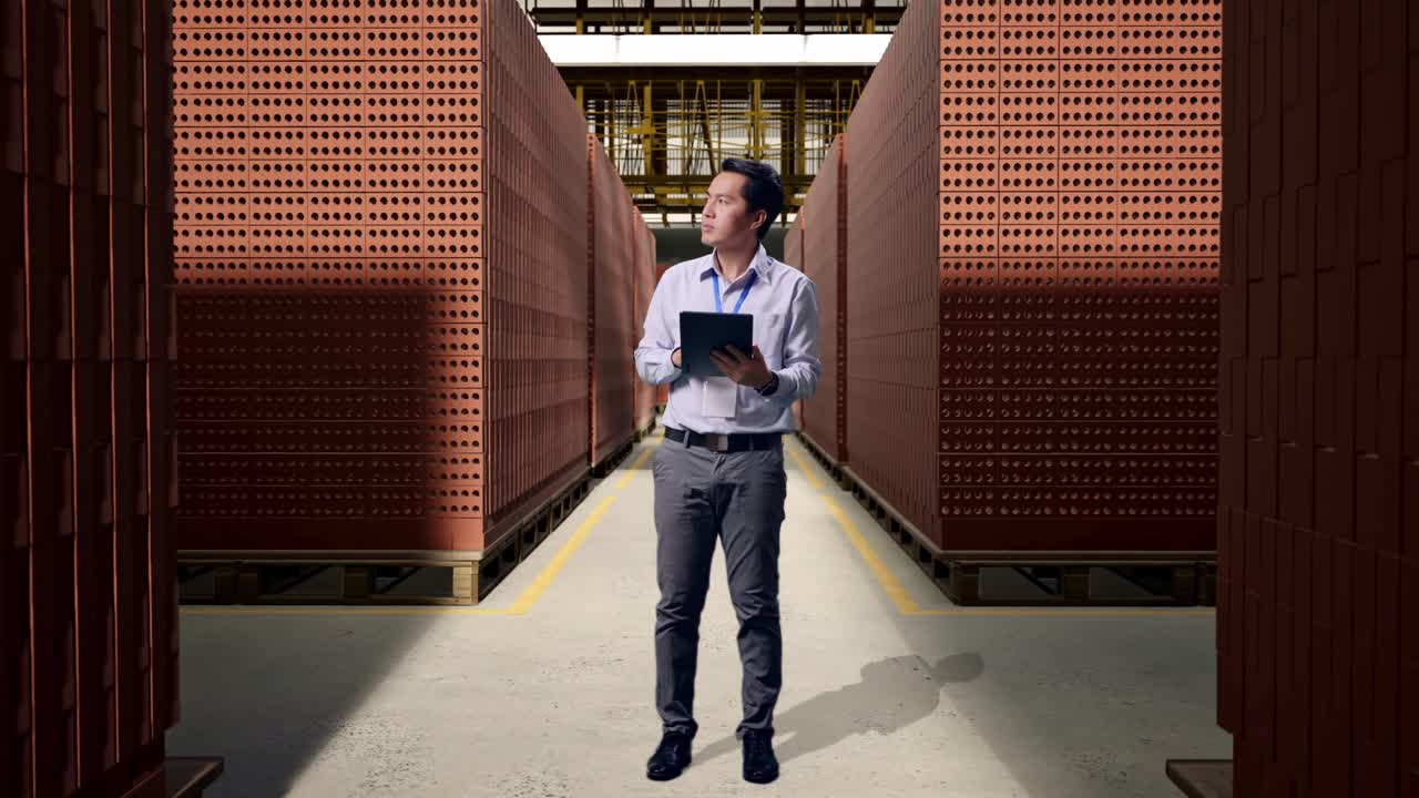 Full Body Side View Of An Asian Male Professional Worker With Red Brick Packed in Stacks Are Stored, Observes By Looking Up Before He Come To Concentrating On The Tablet And Keep On Typing